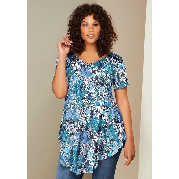Roaman's Women's Plus Size L 18/20 Swing Ultra Tunic Top‎ Shirt Blue Floral - Picture 1 of 4